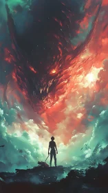 Silhouetted warrior confronts colossal fiery dragon face