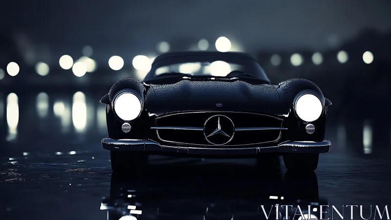 Midnight classic Mercedes glowing in gentle city rain.
