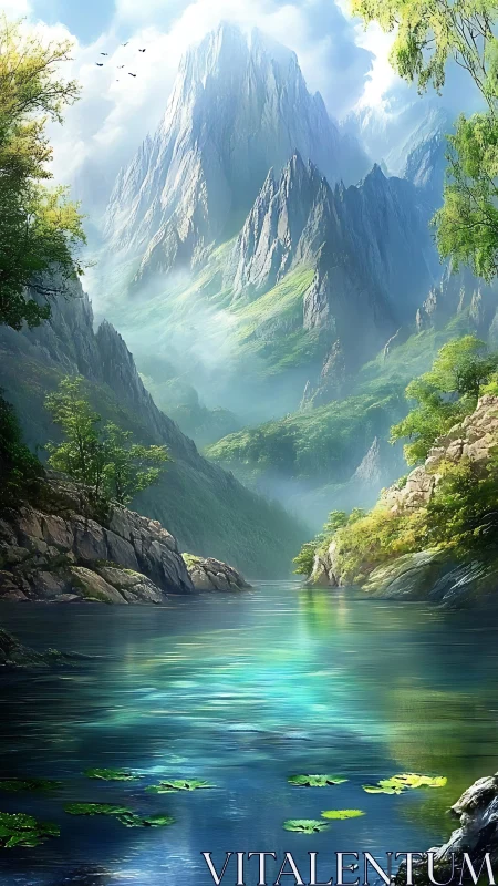Mountain lake with steep cliffs and dense green foliage.