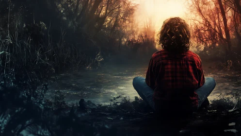Figure seated by misty forest water under diffuse light.