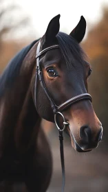 Soft dusk gathers as a sleek bay horse listens with bright eyes