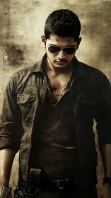 Bloodied action figure in desaturated, high-contrast portrait lighting