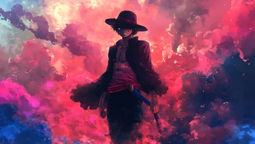 Stormborn wanderer strides through neon twilight clouds.