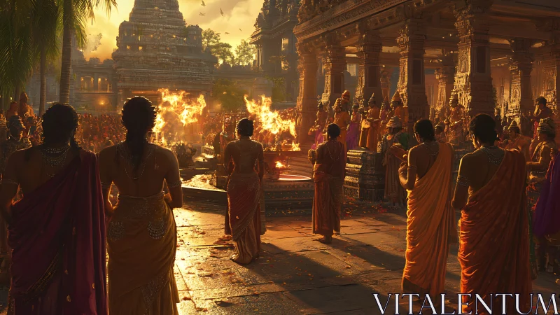 Temple courtyard illuminates a grand sunset fire ritual.