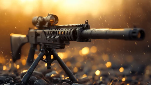 Tactical Rifle With Optics Mounted On Tripod