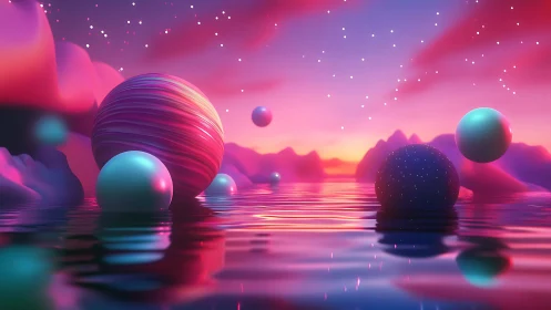 Floating neon spheres drift over a dreamy cosmic lagoon