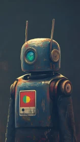 Weathered humanoid robot stands against dark neutral background