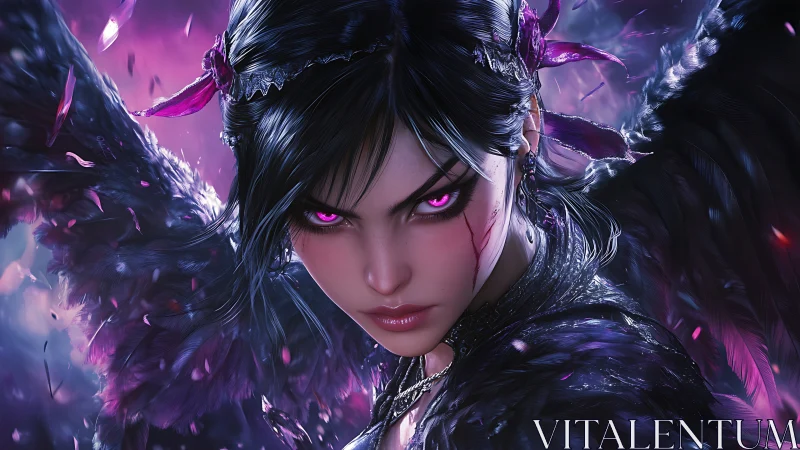 Dark-winged warrior with magenta luminescent eyes in dynamic motion