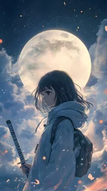 Moonlit swordswoman walks through glowing clouds at dusk.