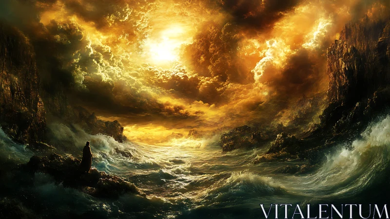 One lone figure greets a stormy sea under blazing skies