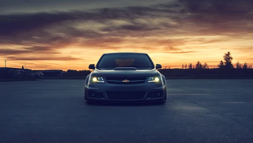Sunset street cruiser poised on an open evening highway.