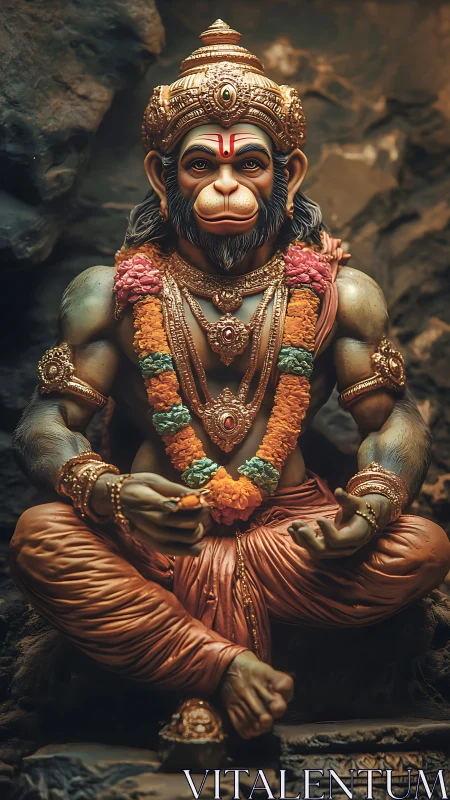 Serene monkey deity glows in garlanded cave of amber light.