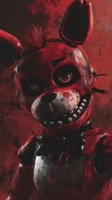 Corroded red animatronic fox under harsh cinematic lighting.