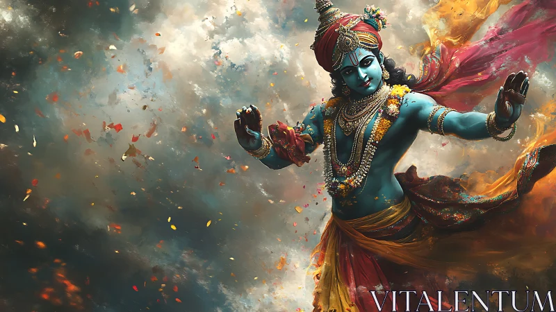 Blue-skinned deity figure in dynamic dance against cloudy sky