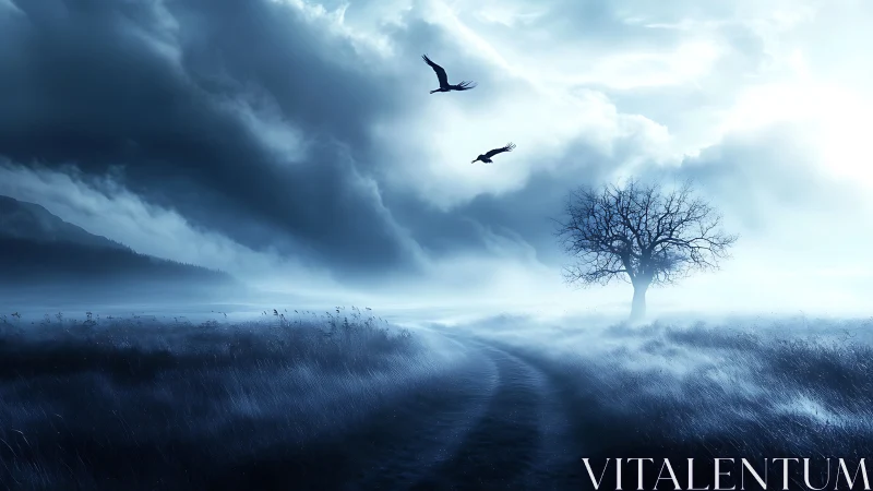 Moody mist roadscape with solitary tree and crows.