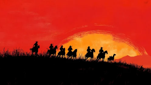 Sunlit riders drift together across a blazing western horizon