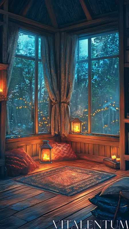 Cozy window nook glowing with lantern light at twilight.