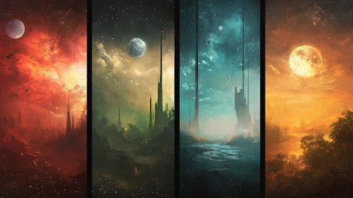Four vertical fantasy skies with moons and distant spires.