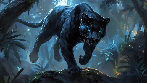 Black Panther with Glowing Blue Eyes in Mystical Forest.