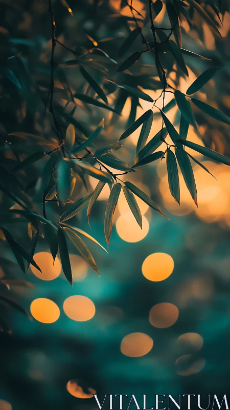 Backlit bamboo leaves silhouette against teal and amber bokeh