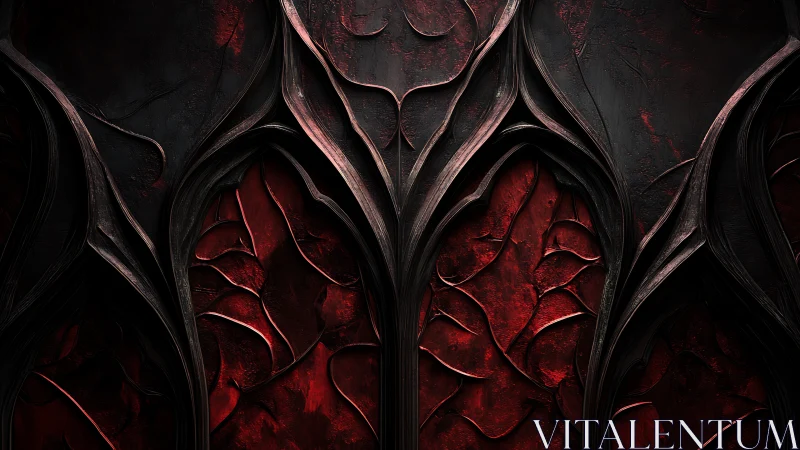 Dark red organic arches with layered textured surfaces.