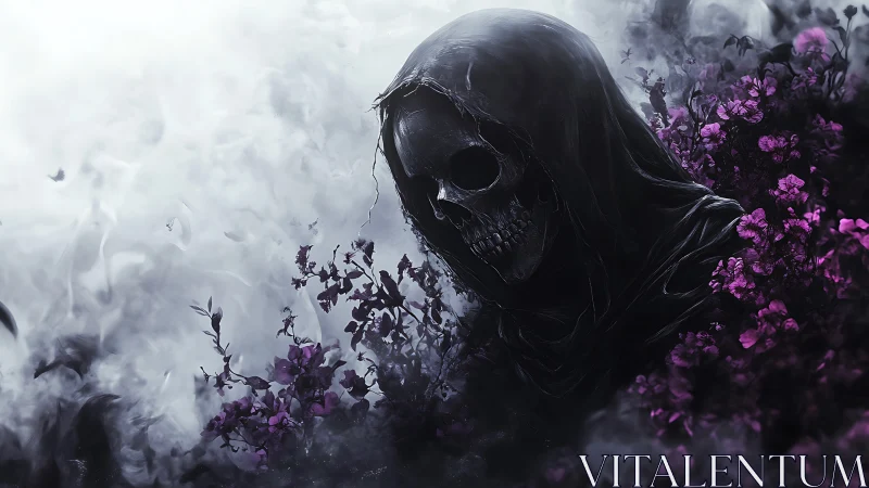 Hooded grim reaper emerges amid ominous violet blossoms.