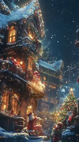 Snowlit Christmas street glows with whimsical Santa magic.