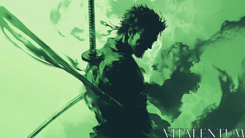 Silhouetted swordsman profile stands against monochrome green field