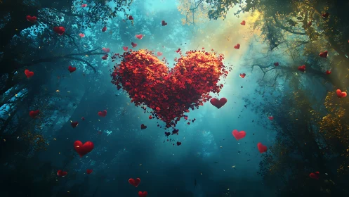 Floating Heart Particles in Luminous Forest Sanctuary