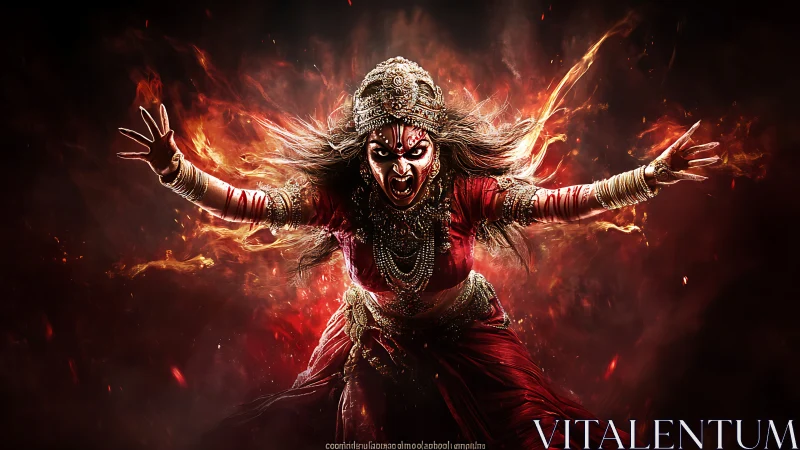 Fury in scarlet: wrathful goddess exploding from embers.
