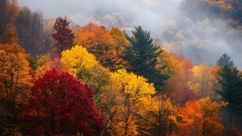 Fog-kissed autumn forest choir in blazing jeweled colors.