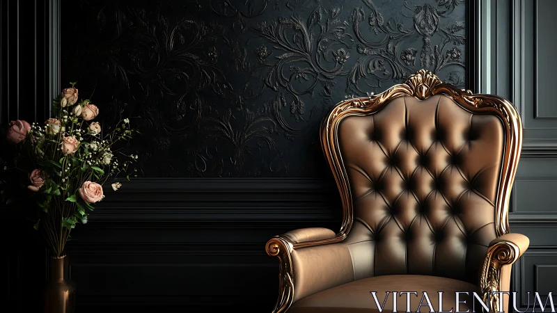Baroque leather armchair in dark floral paneled interior.