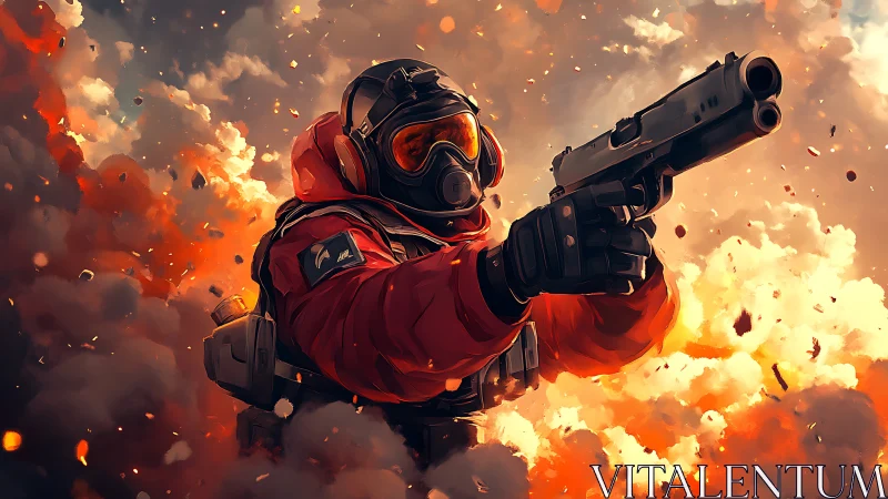 Explosive action hero strides forward through blazing chaos