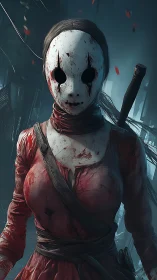 Masked bloodstained assassin advances through dim urban alley