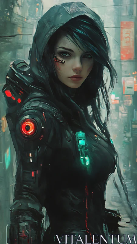 Cybernetic rogue stalks neon city in rain-soaked armor.