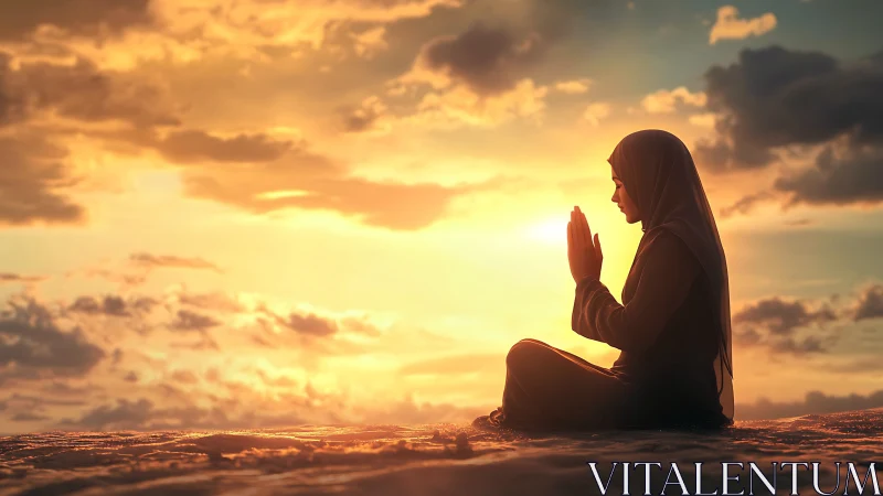 Woman Praying at Sunset in Serene Landscape, Realistic Style.