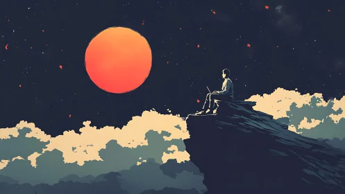 Contemplative dreamer quietly watches a glowing sky moon