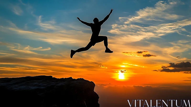 Silhouette person jumps between cliffs against vivid sunset sky