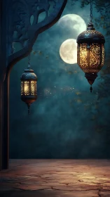 Moonlit arabesque lanterns over tranquil stone terrace.