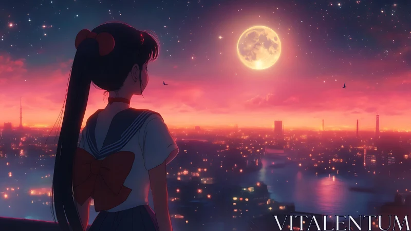 Moonlit anime girl gazes over glowing cyber city skyline.