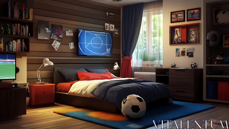 Photorealistic teen sports bedroom with soccer-themed decor