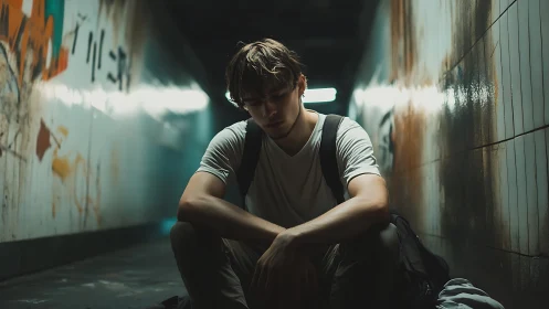 Young man sits alone in dim, grimy underground tunnel.