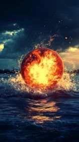 Massive flaming sphere erupts from turbulent ocean waters