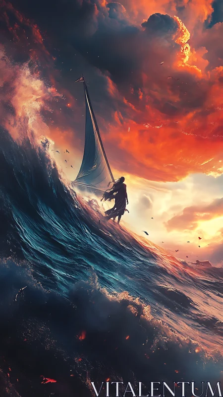 Solitary sailor rides a towering wave beneath burning skies