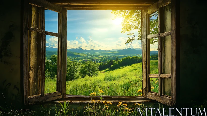 Sunlit valley viewed through rustic open wooden window