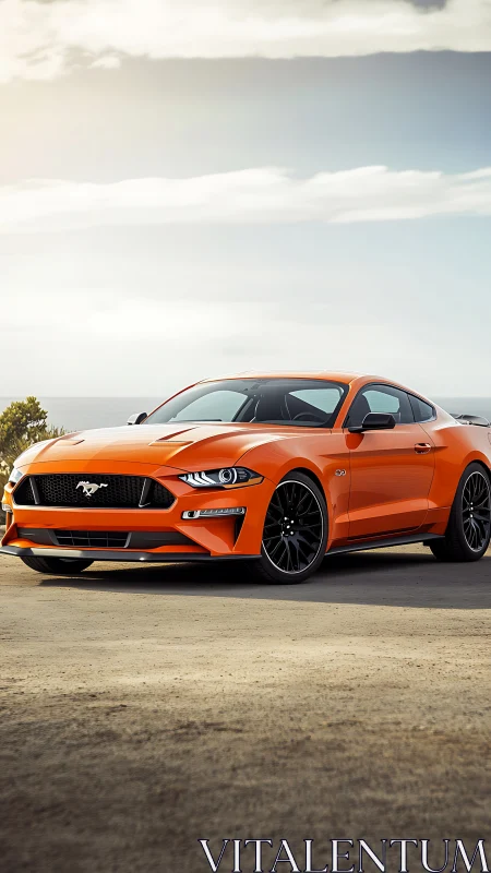 Orange sports coupe is parked on open paved surface outdoors