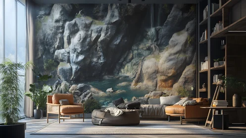 Living room interior with large rock pool wall mural.