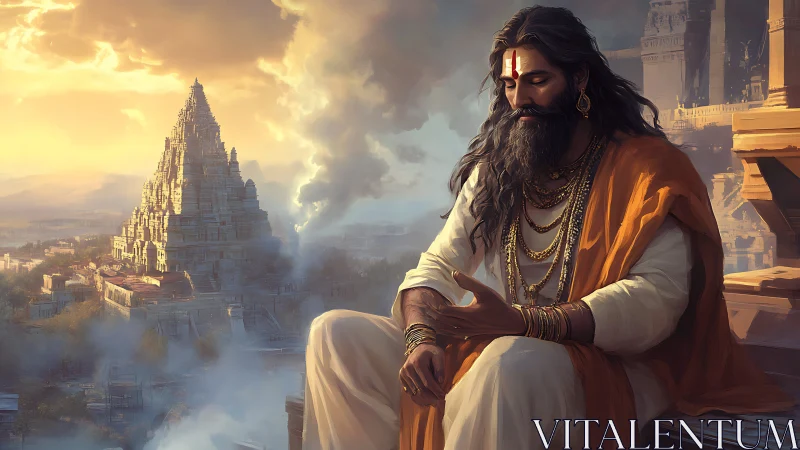 Meditative sage on terrace overlooking monumental temple city