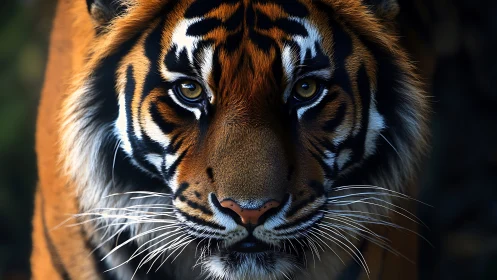 Intense tiger portrait under low-key dramatic lighting.