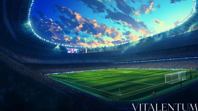 Stadium sky glows while a emerald pitch awaits roaring legends